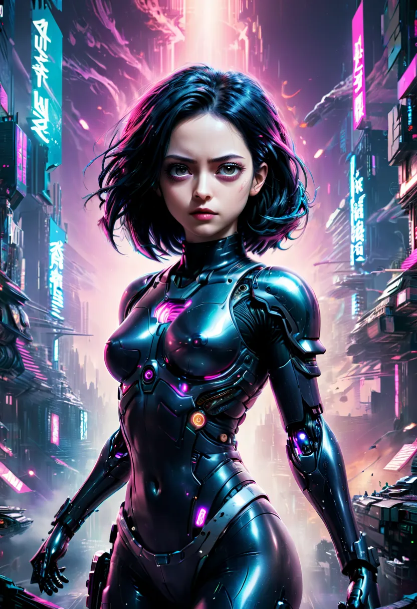 vaporwave art, movie "alita: battle angel", cyberpunk, panoramic, ultra high saturation, (best quality, masterpiece, representat...