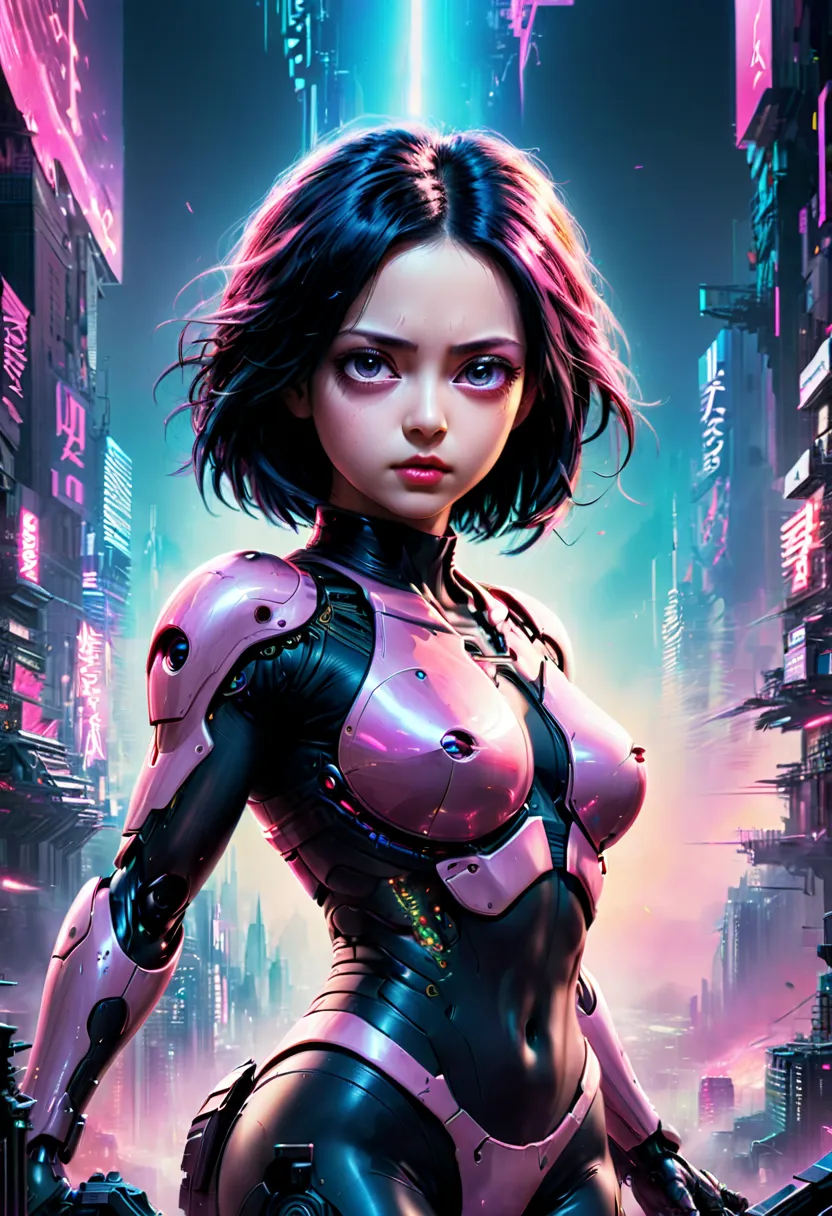 vaporwave art, movie "alita: battle angel", cyberpunk, panoramic, ultra high saturation, (best quality, masterpiece, representat...