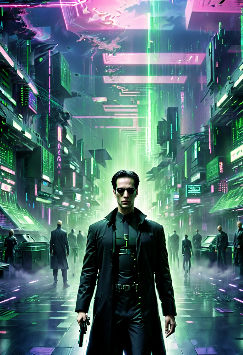 vaporwave art, movie "The Matrix", cyberpunk, panoramic, Ultra high saturation, (best quality, masterpiece, Representative work, official art, Professional, 8k)