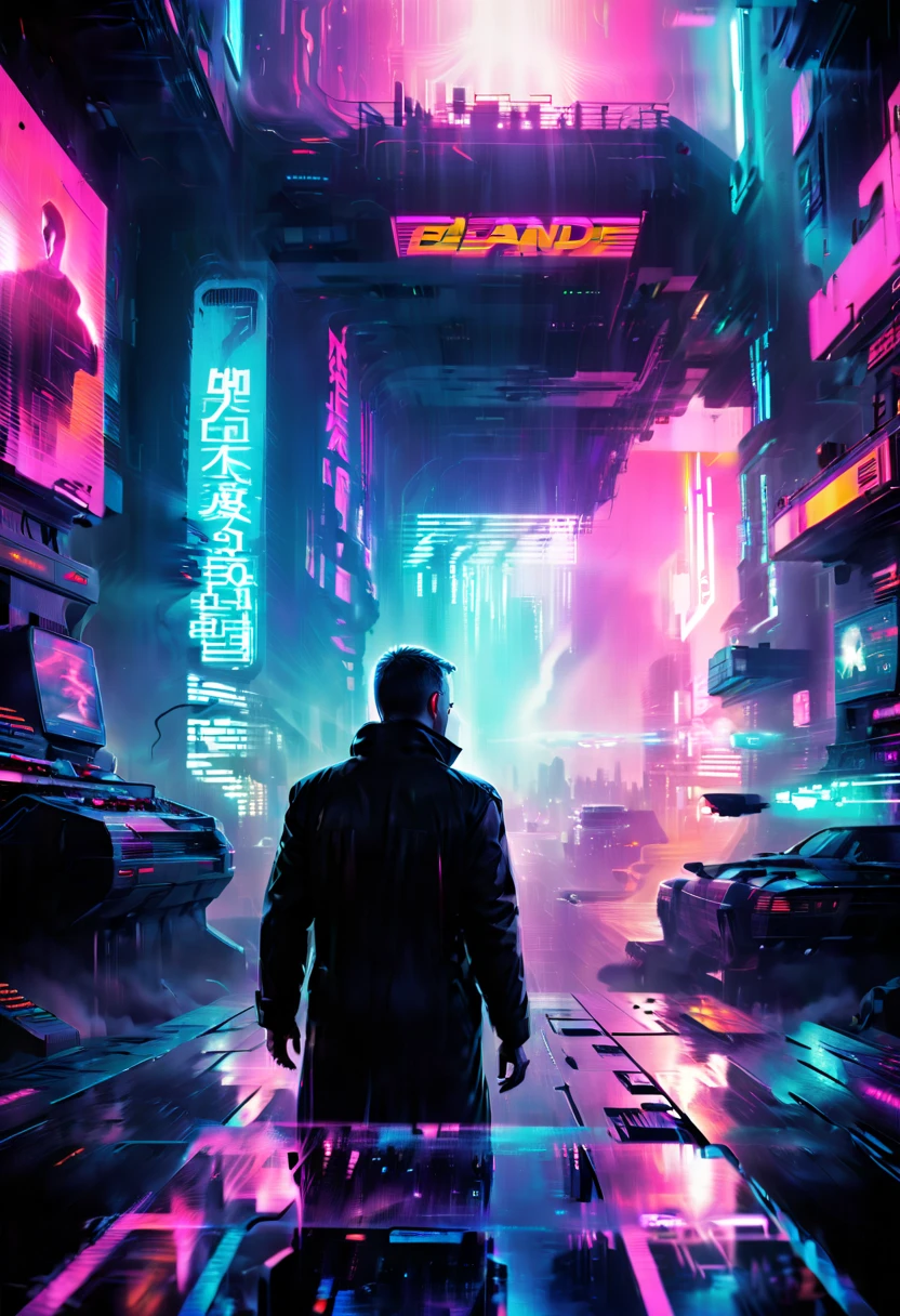 vaporwave art, movie "Blade Runner 2049", vhs glitch, panoramic, Ultra high saturation, (best quality, masterpiece, Representative work, official art, Professional, 8k)