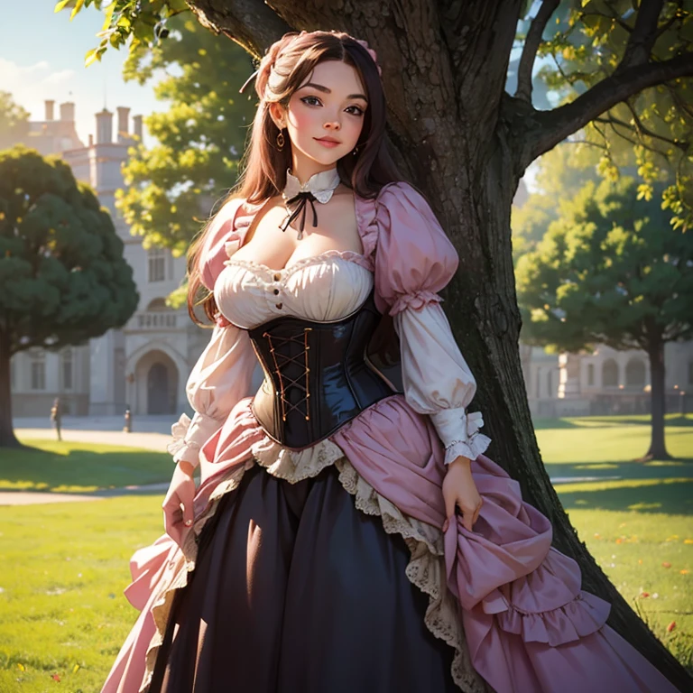 Hyper-realistic, masterpiece, screen shot, best quality, beautiful portrait, long shot portrait, high resolution, 8k, 1girl, smiley cocky smirk, a woman in a pink corset, plus size model, plump, standing under the tree, standing in evening, Victorian lady, a beautiful Victorian woman, Victorian fantasy art,  dressed in Victorian corset, beautiful character.