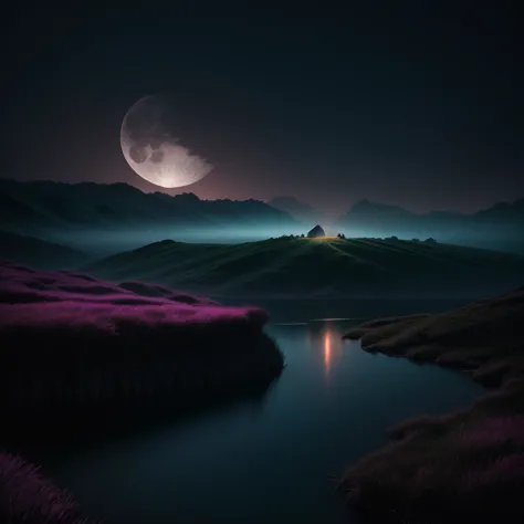 Craft an award-winning image by infusing subtle details: enhance the moon's radiance to cast a gentle glow on the landscape belo...