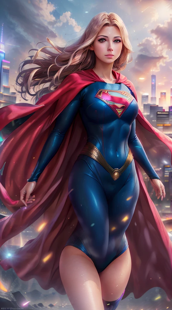 (best quality,4k,8k,highres,masterpiece:1.2),ultra-detailed,(realistic,photorealistic,photo-realistic:1.37),supergirl,anime,detailed,mysterious powers,colorful,bright lighting,ethereal atmosphere,vibrant colors,expressive eyes,flowing hair,strong and confident stance,magical aura,futuristic cityscape,neon lights,glowing symbols,laser beams,shimmering energy,transparent cape, long cape