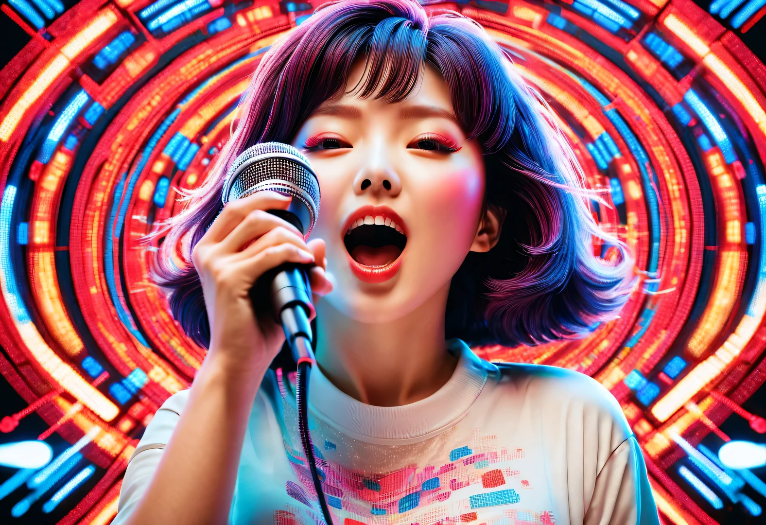 vaporwave style,Beautiful detailed,Vector illustration, Minimalism, digital illustration, Vector illustration，Minimalism，digital illustration，Hacker wearing sweatshirt and mask is working，time-shirt design，dramatic lighting，timerends at art shows
，Award-winning，icon，Highly detailed cute lively Korean actress Shim Eun-kyung holding a microphone and singing loudly with her mouth open in front of a super huge LED screen），Jumping pose，dynamic action，inspired by《strange her》，Shen Eun-kyung combed her hair into a slightly curly baby style，Very fair skin，timehere are two charming dimples on both cheeks，Wearing a red embroidered lace dress，background：LED screen, dramatic lighting, time


