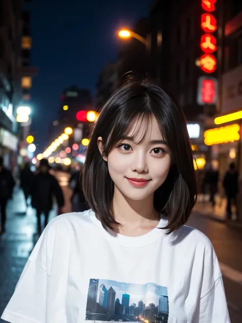 girl, smile, long layered haircut, big eyes, white oversize t-shirt, night city street