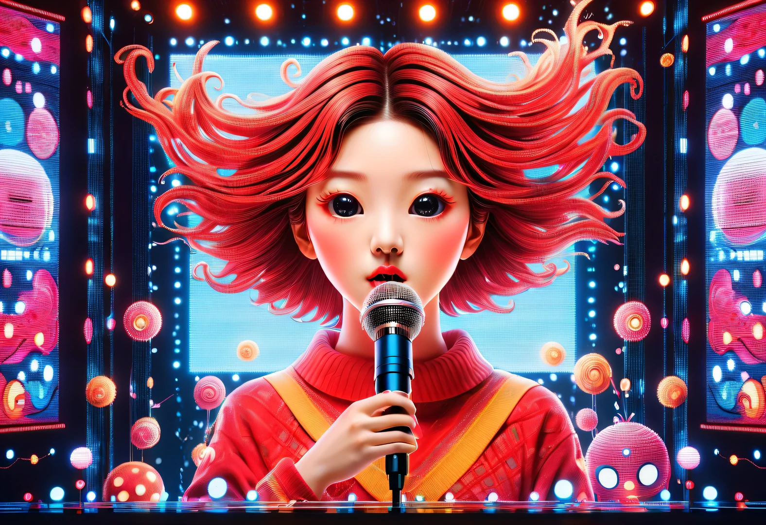 vaporwave style,Beautiful detailed,Vector illustration, Minimalism, digital illustration, Vector illustration，Minimalism，digital illustration，Hacker wearing sweatshirt and mask is working，T-shirt design，dramatic lighting，Art exhibition trends ，Award-winning，icon，Highly detailed cute lively Korean girl 18-year-old Shim Eun-kyung happily singing loudly in front of a super huge LED screen），（）holding a microphone），Jumping pose，dynamic action，inspired by《strange her》，Shen Eun-kyung combed her hair into a slightly curly baby style，Very fair skin，There are two charming dimples on both cheeks，Wearing a red embroidered lace dress，background：LED screen, dramatic lighting,

