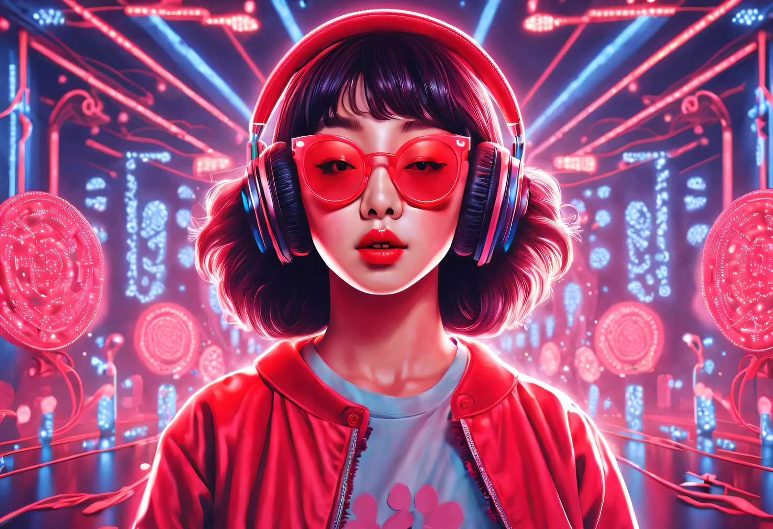 vaporwave style,Beautiful detailed,Vector illustration, Minimalism, digital illustration, Vector illustration，Minimalism，digital illustration，Hacker wearing sweatshirt and mask is working，T-shirt design，dramatic lighting，Art exhibition trends
，Award-winning，icon，Highly detailed cute lively Korean girl 18-year-old Shim Eun-kyung happily singing loudly in front of a super huge LED screen），（）holding a microphone），Jumping pose，dynamic action，inspired by《strange her》，Shen Eun-kyung combed her hair into a slightly curly baby style，Very fair skin，There are two charming dimples on both cheeks，Wearing a red embroidered lace dress，background：LED screen, dramatic lighting, 

