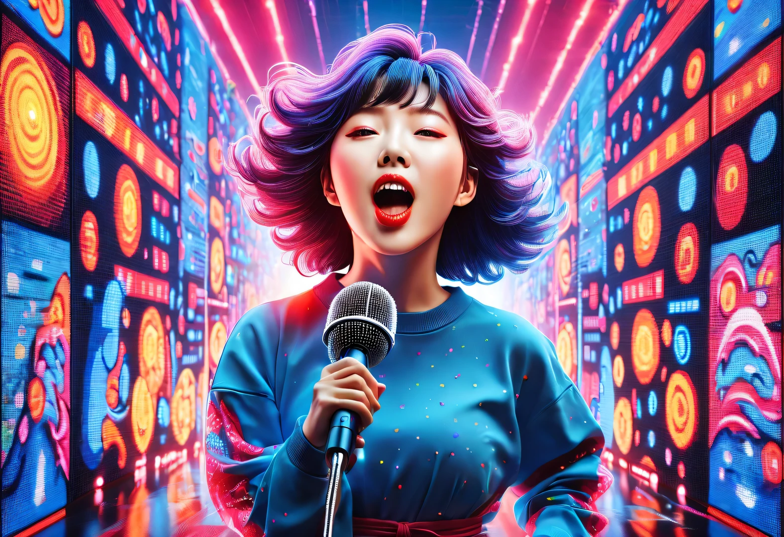 vaporwave style,Beautiful detailed,Vector illustration, Minimalism, digital illustration, Vector illustration，Minimalism，digital illustration，Hacker wearing sweatshirt and mask is working，time-shirt design，dramatic lighting，timerends at art shows
，Award-winning，icon，Highly detailed cute lively Korean actress Shim Eun-kyung holding a microphone and singing loudly with her mouth open in front of a super huge LED screen），Jumping pose，dynamic action，inspired by《strange her》，Shen Eun-kyung combed her hair into a slightly curly baby style，Very fair skin，timehere are two charming dimples on both cheeks，Wearing a red embroidered lace dress，background：LED screen, dramatic lighting, time

