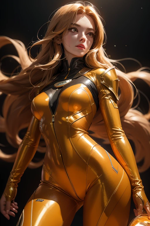 (best quality,8k:1.2,high resolution:1.2),ultra-detalhado,Realistic,retro space guardian female,static pose,long hair,rosto extremamente detalhados,long eyelashes,shine orange metalic armor over light brown nylon catsuit,all light beige pantyhose,gloves,Glossy metalic accessories,Physically-based rendering,foco nítido,studio lighting