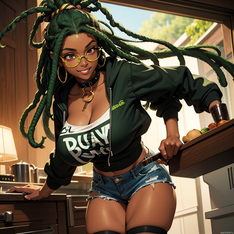 Dark Brown skin tanuki girl, dark brown skin, brown skin, african american, darker skin, negro, hazel eyes, green long dreadlocks, green space buns, green dreadlocks, dreadlocks are green, green hair, 25 years old, chubby, curvy, thicc, thick, fat, plus sized, big butt, big breast, standing in kitchen, gold circle glasses , facing camera, explicit, ripped jean shorts, green goth hoodie, thigh high socks, collar on neck , grinning, cleavage showing, holding cigar, vfx, high def, best quality, low angle, atmospheric lighting, girly boy, wearing combat boots, two legs, close up, bored