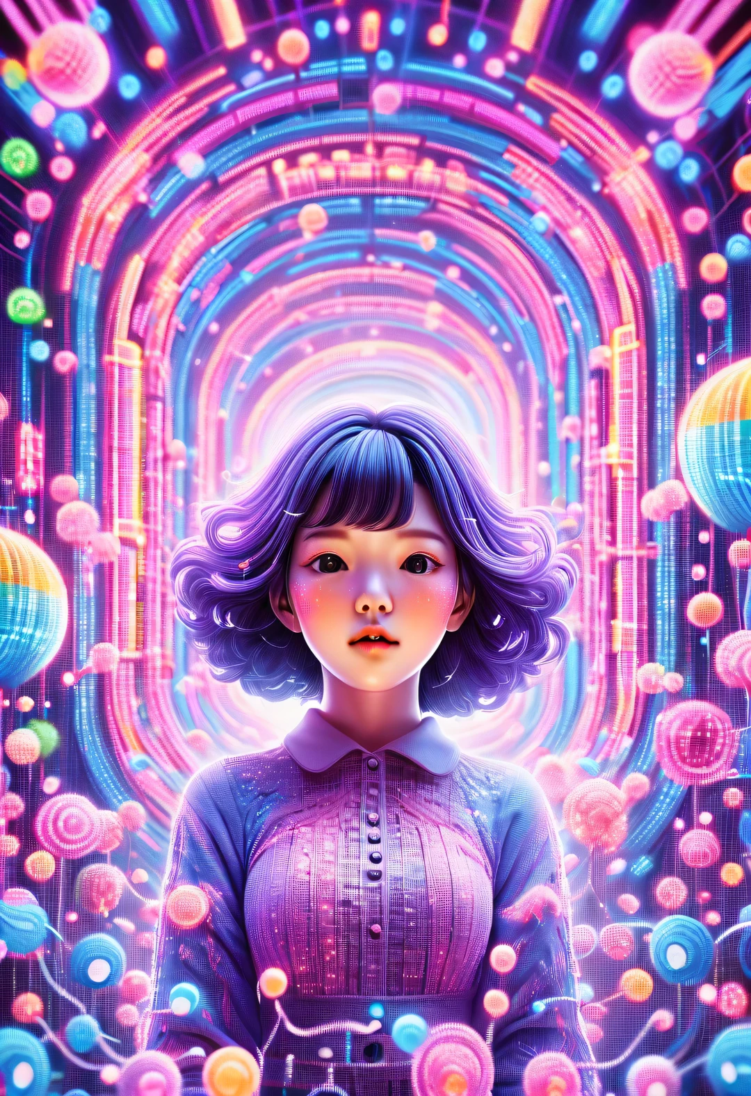 vaporwave style, Beautiful detailed, Vector illustration, Minimalism, digital illustration, Vector illustration，Minimalism，digital illustration，Hacker wearing sweatshirt and mask is working，T-shirt design，dramatic lighting，Art exhibition trends ，Award-winning，icon，Highly detailed cute bubbly Korean girl 18 years old Shim Eun Kyung singing loudly in front of super huge LED screen），（happy），（）Hold the microphone in your hand），（Jumping pose，dynamic action），inspired by《strange her》，Shen Eun-kyung combed her hair into a slightly curly baby style，Very fair skin，，Wearing a purple embroidered lace dress，background：LED screen, dramatic lighting,

