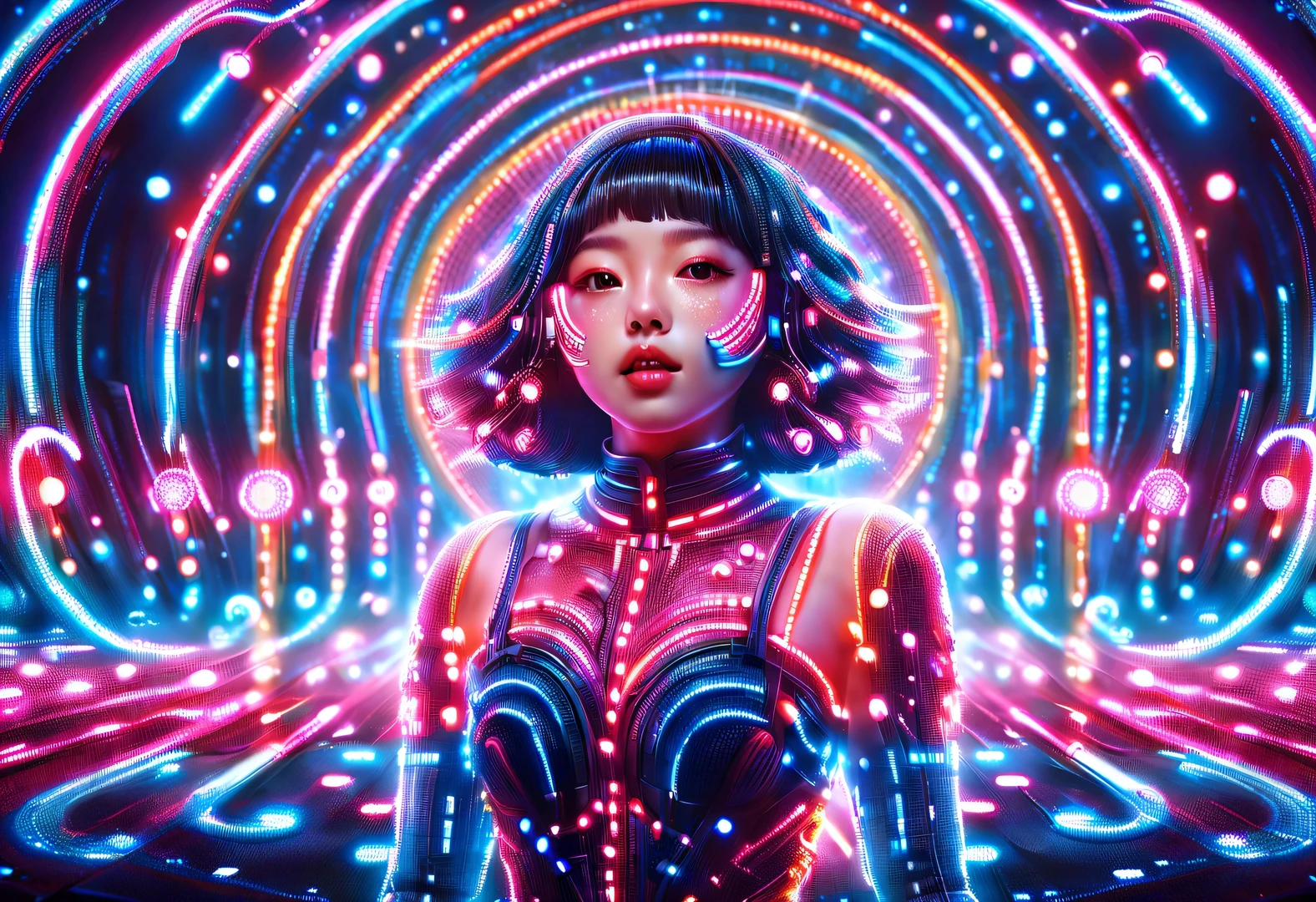 vaporwave style,Beautiful detailed,Vector illustration, Minimalism, digital illustration, Vector illustration，Minimalism，digital illustration，dramatic lighting，Art exhibition trends，Award-winning，icon，Very detailed
(The cute and lively Korean girl 18-year-old Shim Eun-kyung sang happily in front of the super huge LED screen.），（holding a microphone），Jumping pose，dynamic action，inspired by《strange her》，Shen Eun-kyung combed her hair into a slightly curly baby style，Very fair skin，There are two charming dimples on both cheeks，Wearing a lace dress，background：LED screen, dramatic lighting, 

