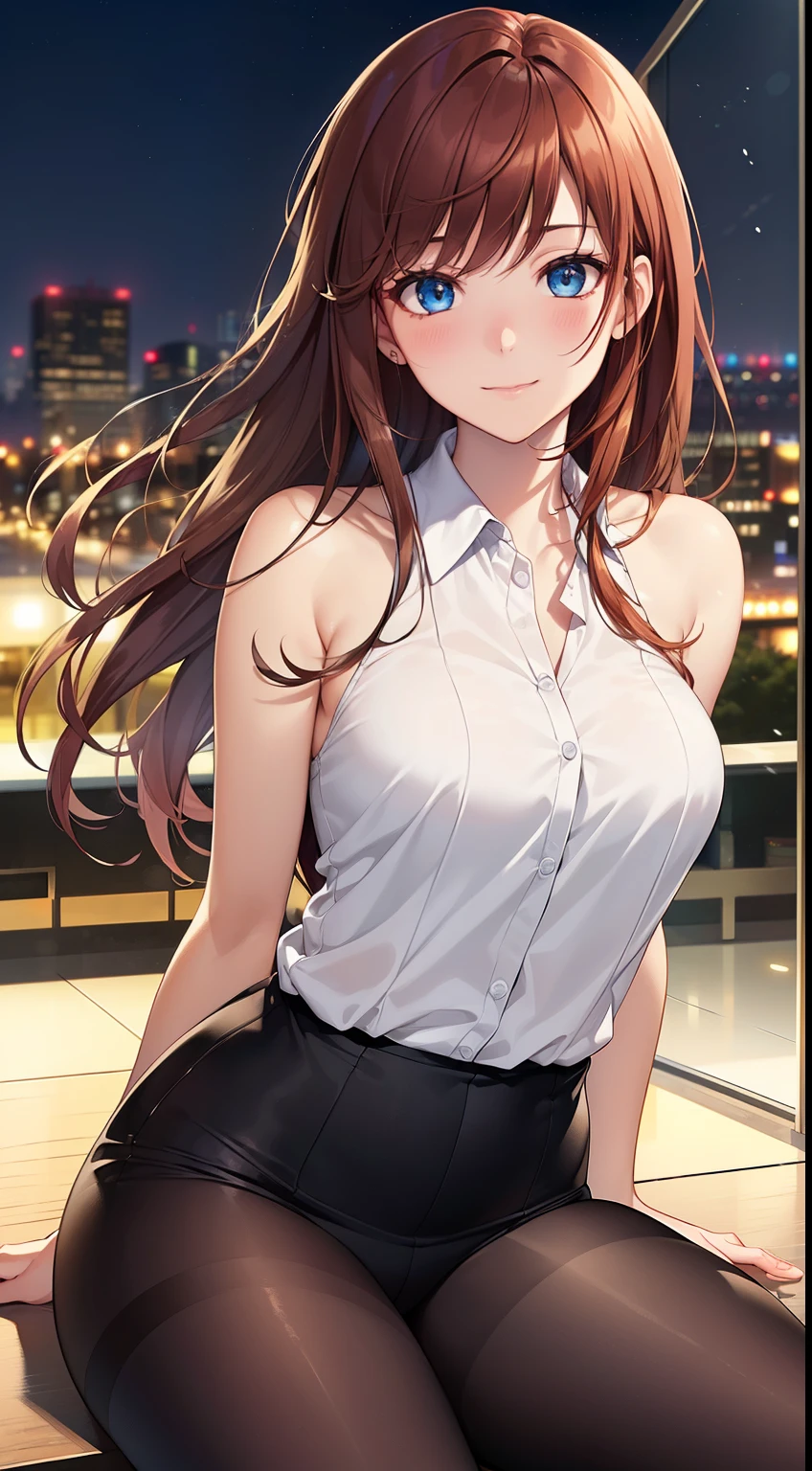 Chica de anime sentada en una repisa con una ciudad en el fondo - SeaArt AI