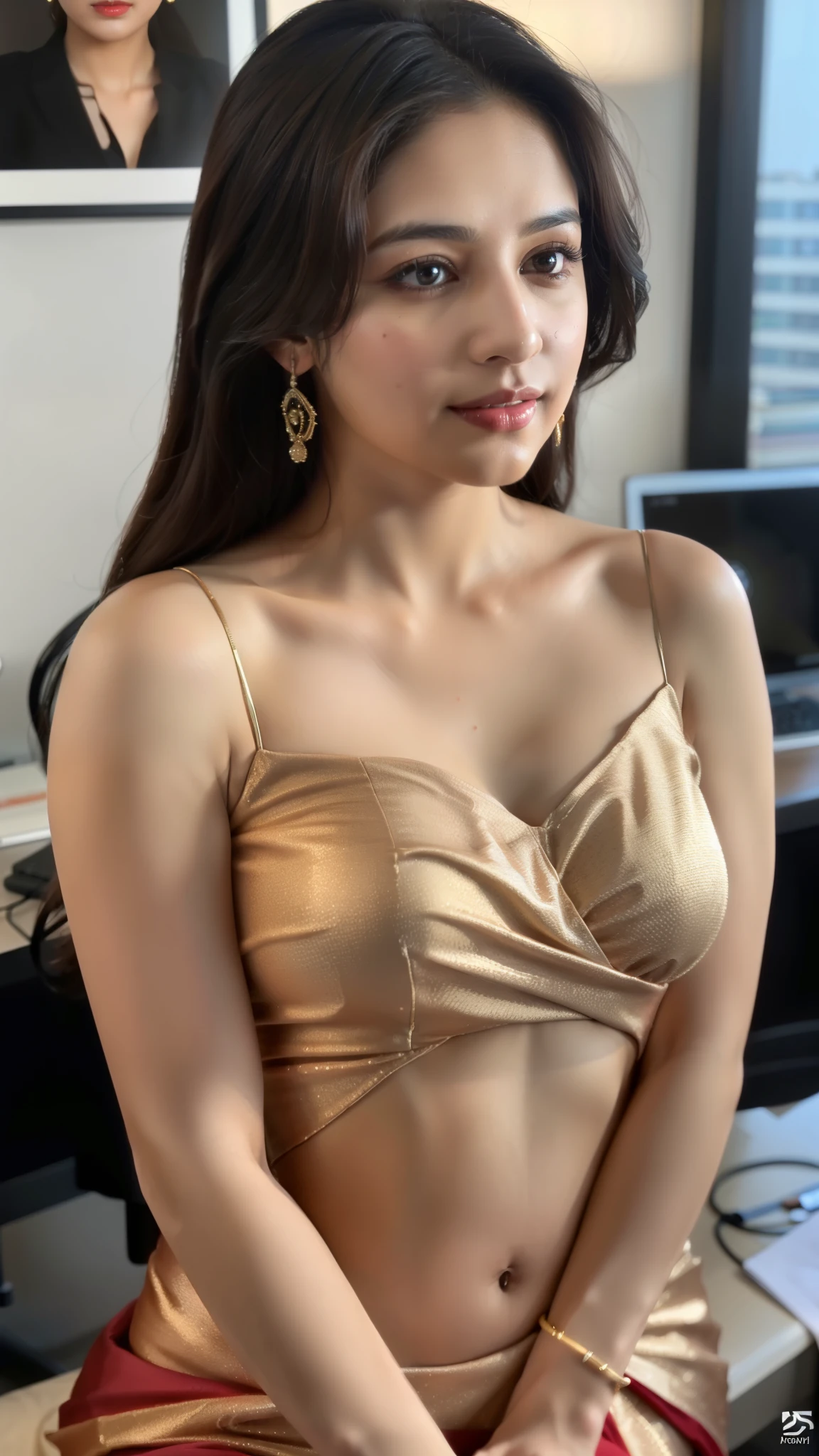 A close up of a woman in a gold dress posing for a picture - SeaArt AI