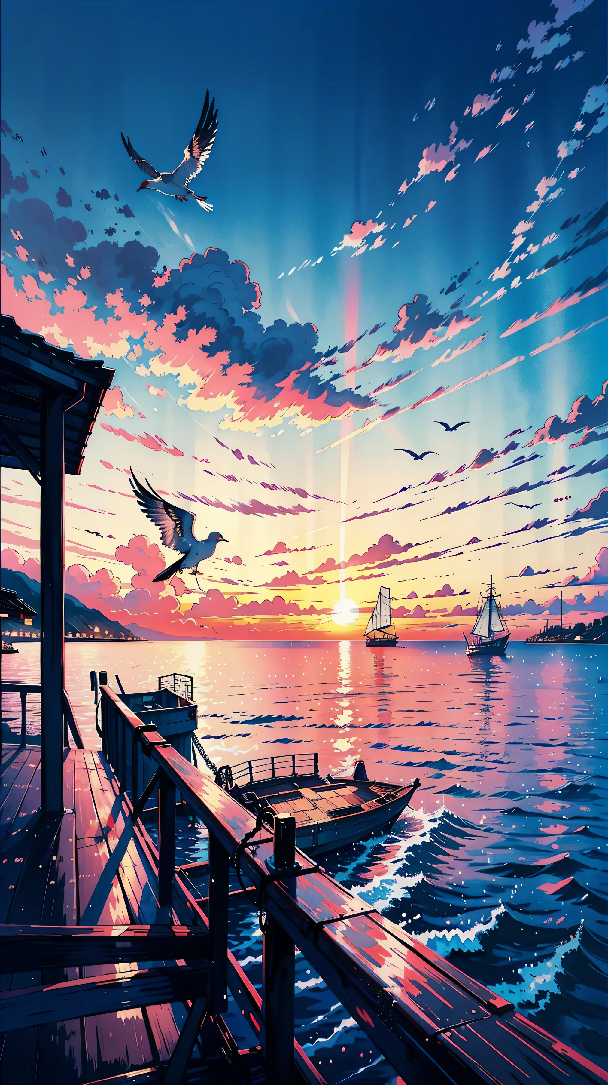 美しい夕日 ,海の真ん中の船からの眺め , 赤みがかった空 , 楽園のような景色,海水はキラキラ光っている,カモメが飛んでいる ,より柔らかい色彩構成 ,デジタルアート ,超詳細 ,HD壁紙画像 