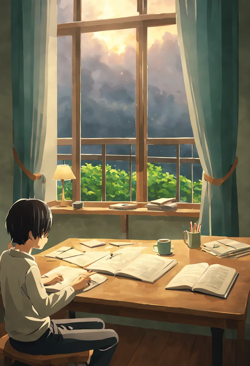 Makoto shinkai style, Boy studying on table,in room, cloudy weather, 