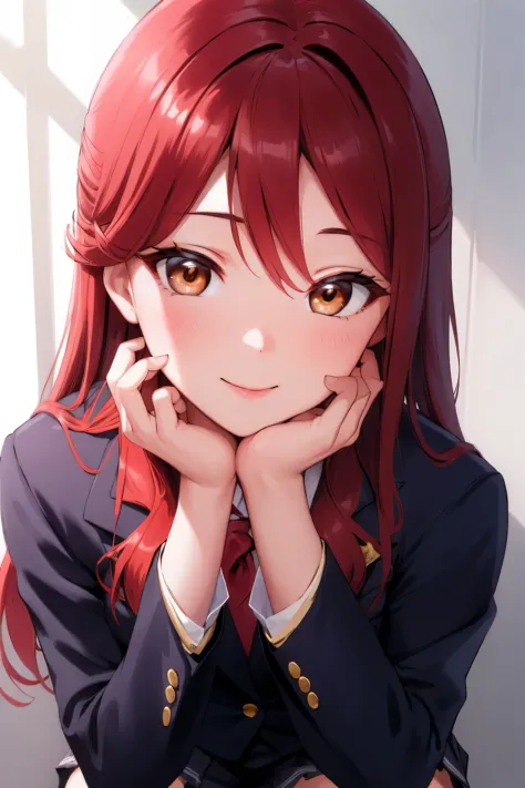 rikosakurauchi, riko sakurauchi, (brown eyes:1.5), hair between eyes, long hair, (red hair:1.5),
break (blazer, bow, jacket, pan...