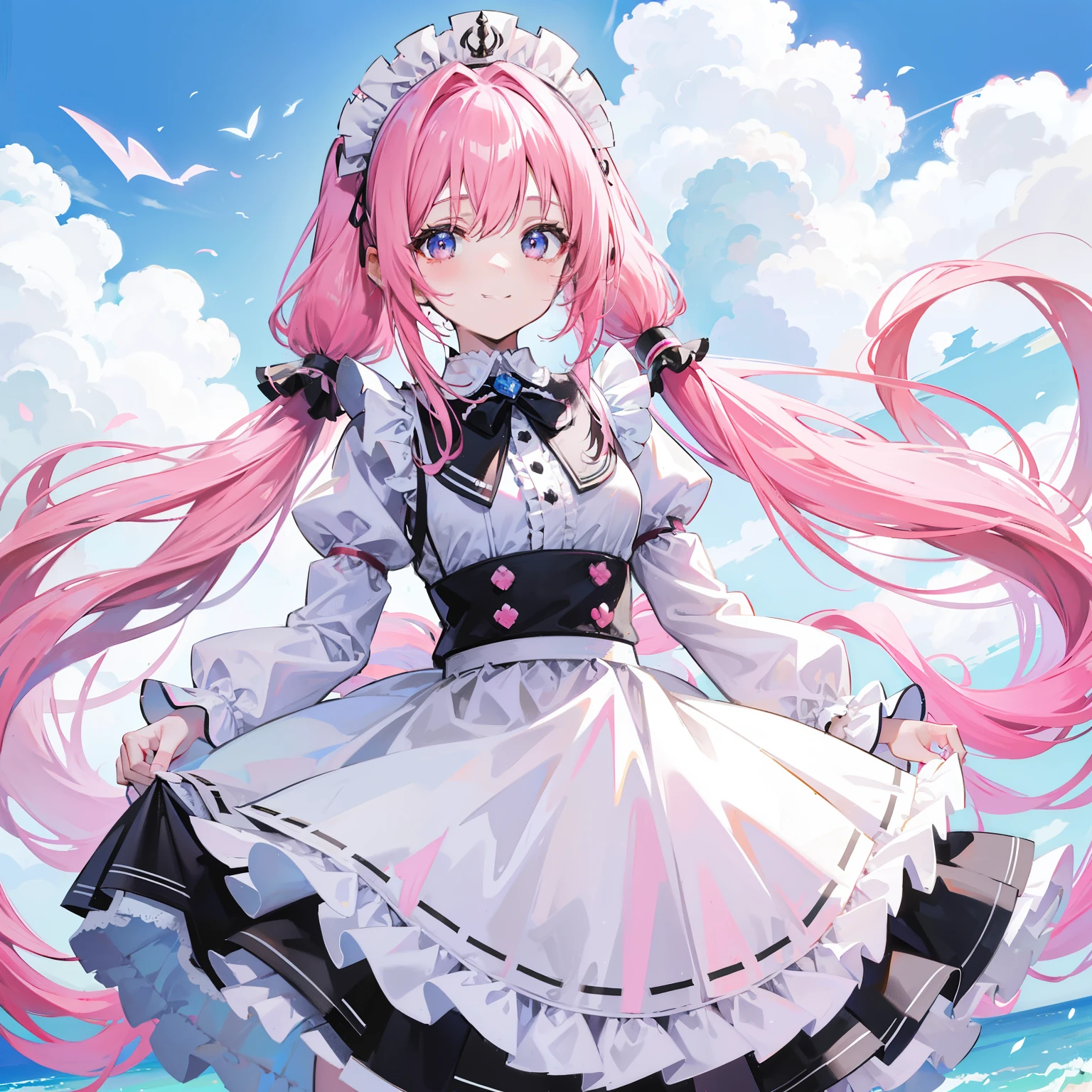 Anime girl with pink hair and a white dress standing in the water - SeaArt  AI