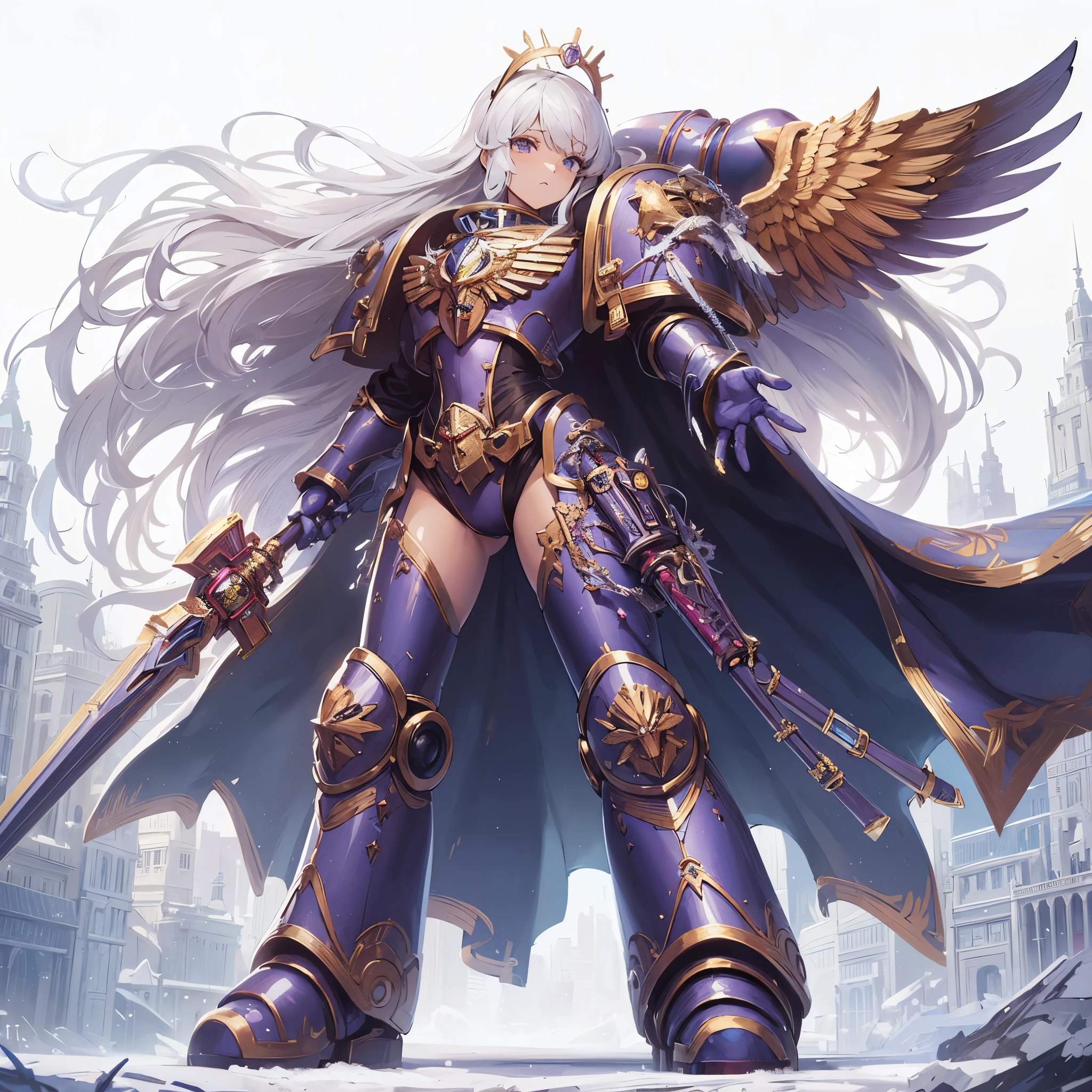 
Masterpiece, best quality, ultra-detailed, anime style, solo, full body of space marine girl, metallic purple power armor with gold trim, shining white long hair, eagle symbol, held gorgeous rapier, wearing raised boots, standing on city, Warhammer 40K, 8k high resolution, trending art station, white background, whole body,
