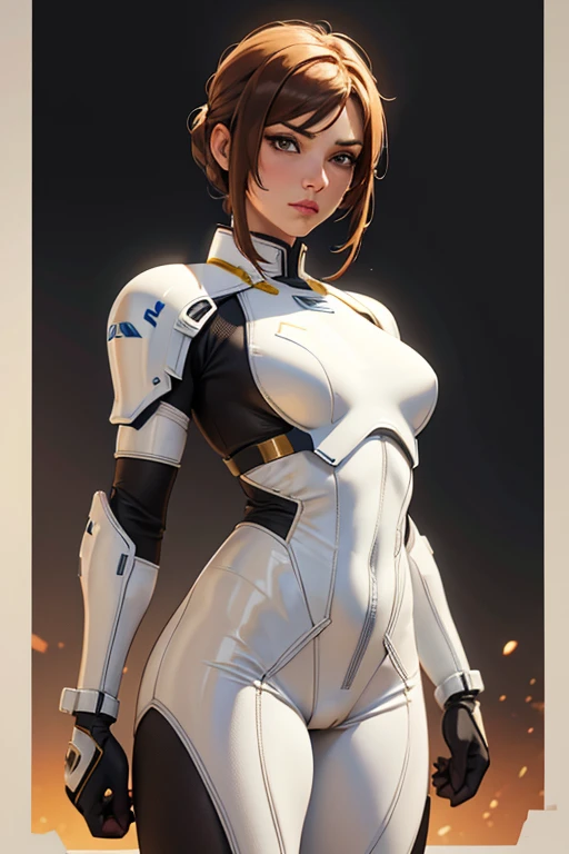 Best quality, 8k, vivid color, woman,imperial soldier warrior,beige hi-tech armor over brown sheer nylon catsuit, static pose, white scenario