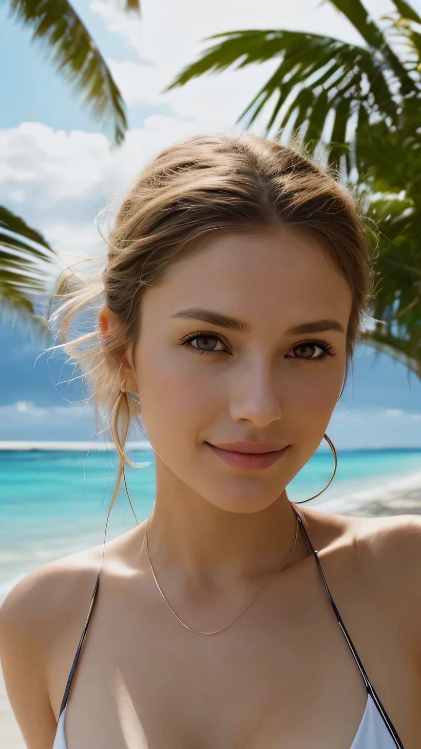 Une femme en bikini blanc posant pour une photo sur la plage - SeaArt AI