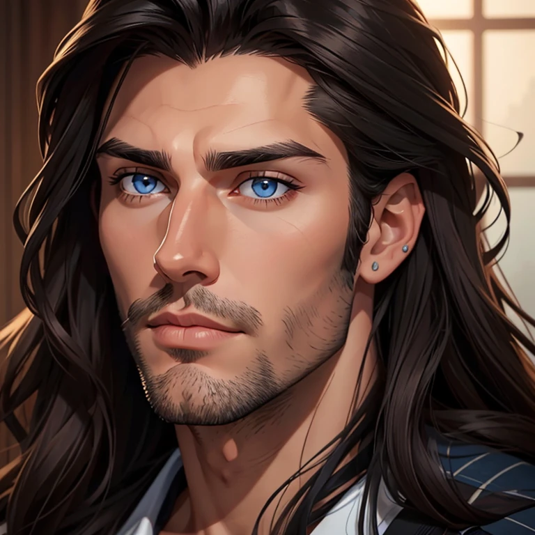 a close up of a man with long hair and blue eyes, handsome stunning realistic, handsome male, attractive male, wonderful dark hair, beautiful male face, long dark hairs, beautiful young man, with long hair and piercing eyes, shoulder-length black hair, young with long hair, handsome face, perfect handsome face, handsome attractive face, with long dark hair