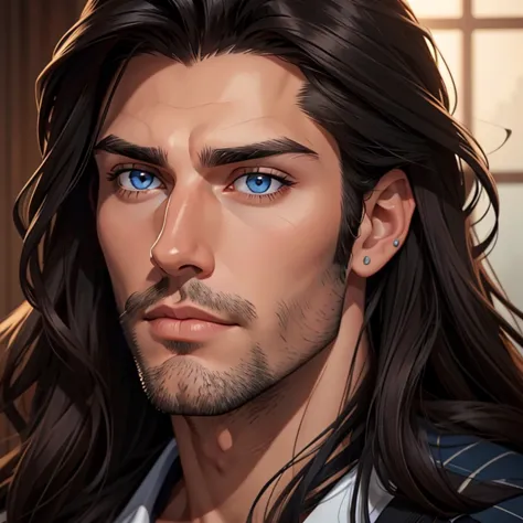 a close up of a man with long hair and blue eyes, handsome stunning realistic, handsome male, attractive male, wonderful dark ha...