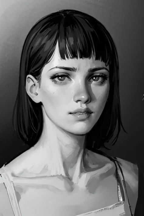 greyscale, monochrome, solo, 1girl, looking_at_viewer, realistic, portrait, lips, black_background, closed_mouth, bangs