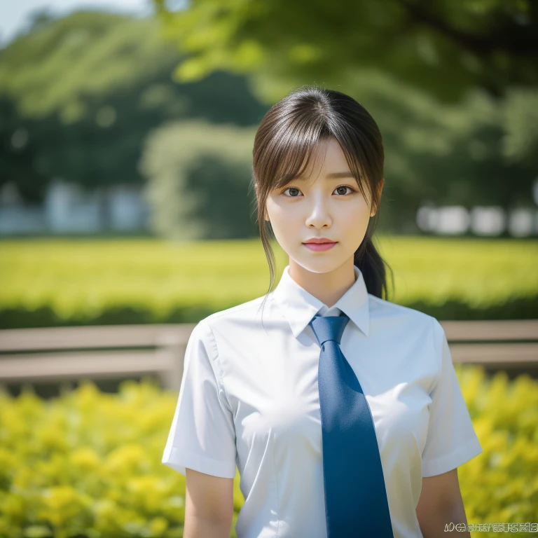 there is a woman in a white shirt and blue tie, sakimichan hdri, Nam Jae Young, Yoshitomo Nara, Hwang Se-ha, Chiho, nishimiya shouko, Lee Ji Eun, Lee Ji Eun, Photographed with canon eoa 6 d mark ii, Photographed with Canon 5D MK4