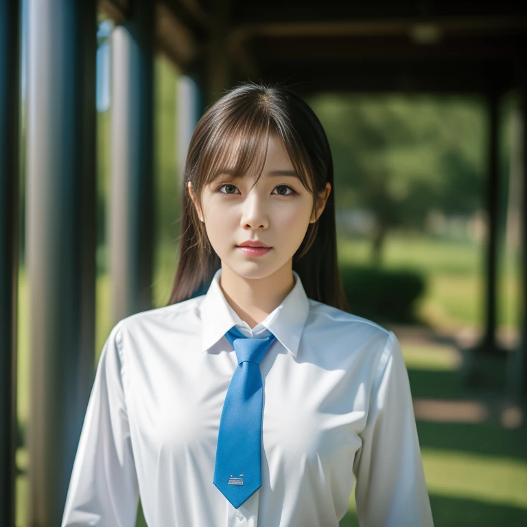 there is a woman in a white shirt and blue tie, sakimichan hdri, Nam Jae Young, Yoshitomo Nara, Hwang Se-ha, Chiho, nishimiya shouko, Lee Ji Eun, Lee Ji Eun, Photographed with canon eoa 6 d mark ii, Photographed with Canon 5D MK4