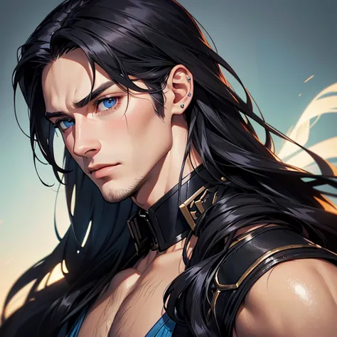 a close up of a man with long hair and blue eyes, digital art by Bernardino Mei, tumblr, digital art, handsome stunning realisti...