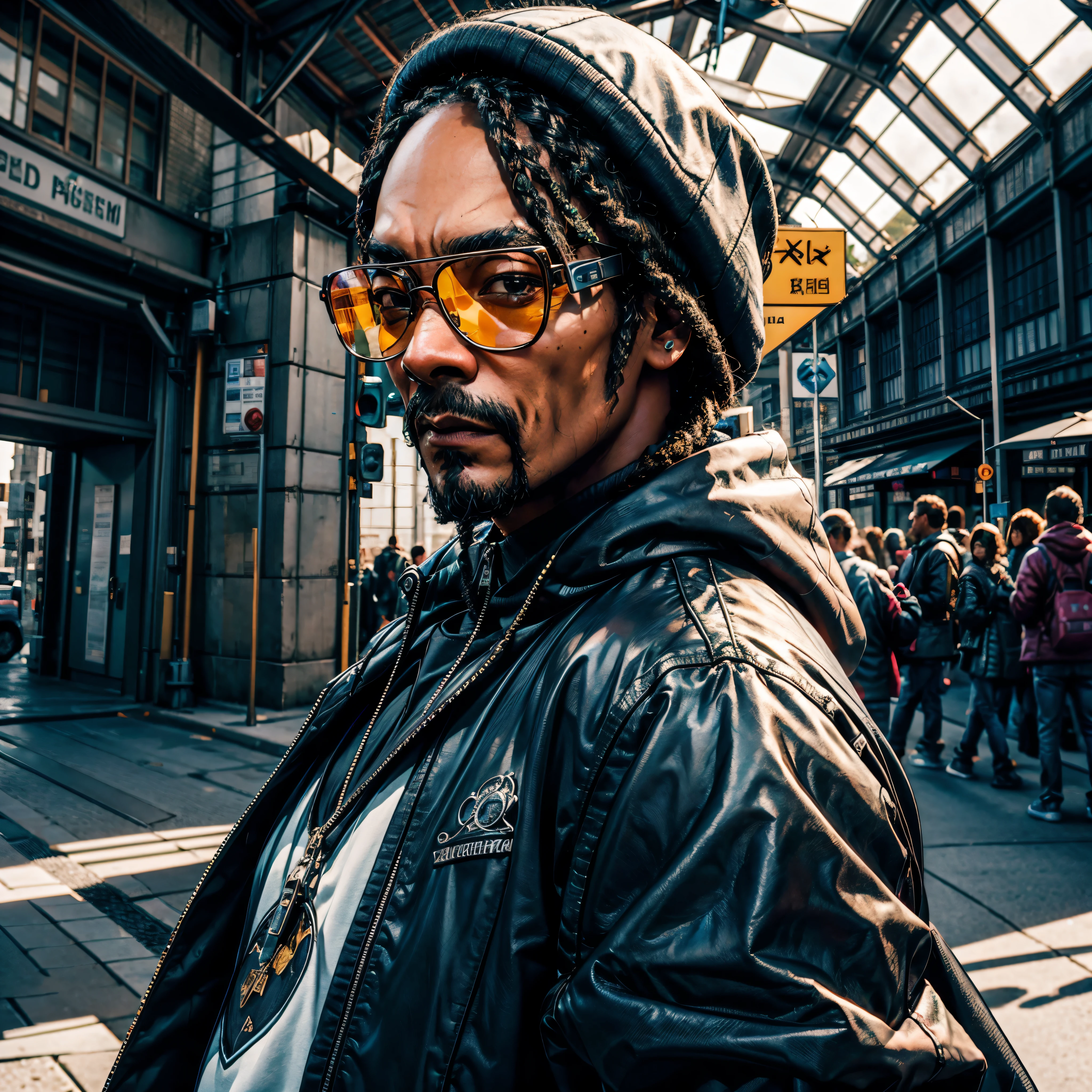 Snoop Dogg, Teme olhos épicos olhando para um espectador, boné branco,jaqueta de couro preta,óculos de proteção solar, posando, exteriores, fotografia de retrato, ultradetalhado, Fogo-fátuo deslumbrante Simétrico ideal Luz solar Ultra meticulosamente intrincada_ultra detalhes_alta resolução hiper pró-foto-realista ultra_ultra de alta qualidade_alta definição UHD XT3 DSLR HDR variado multi etc. --v 6 --s 1000 --c 20 --q 20 --caos 100