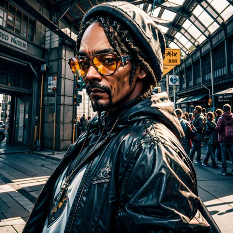 Snoop Dogg, Dreads epic eyes looking a viewer, white cap,black leather jacket,sun safety glasses, Posing, exteriors, portrait photography, ultradetailed, Will-o'-the-wisp dazzling Symmetrical optimal sunLight meticulously intricate ultra_high-details ultra...
