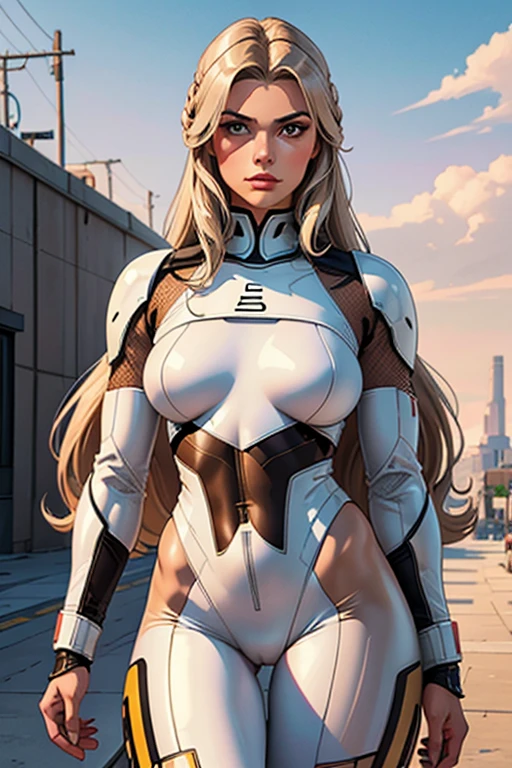 Best quality, 8k, pastel colors, woman,long hair, looking to observer,imperial soldier warrior,beige hi-tech armor over brown sheer nylon catsuit, static pose, white scenario