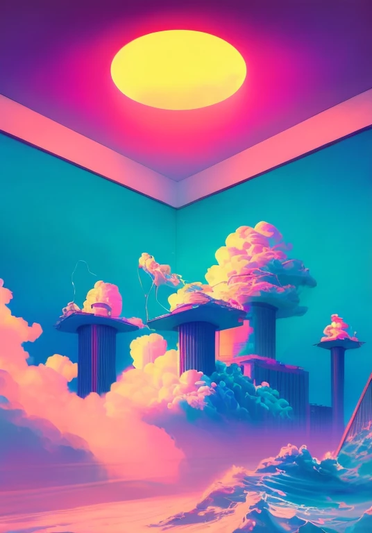 Vaporwave Aesthetic art, retro futurism art, Art Deco, Psychedelic rock, indoors, panoramic, Ultra high saturation, (best quality, masterpiece, Representative work, official art, Professional, 8k)
