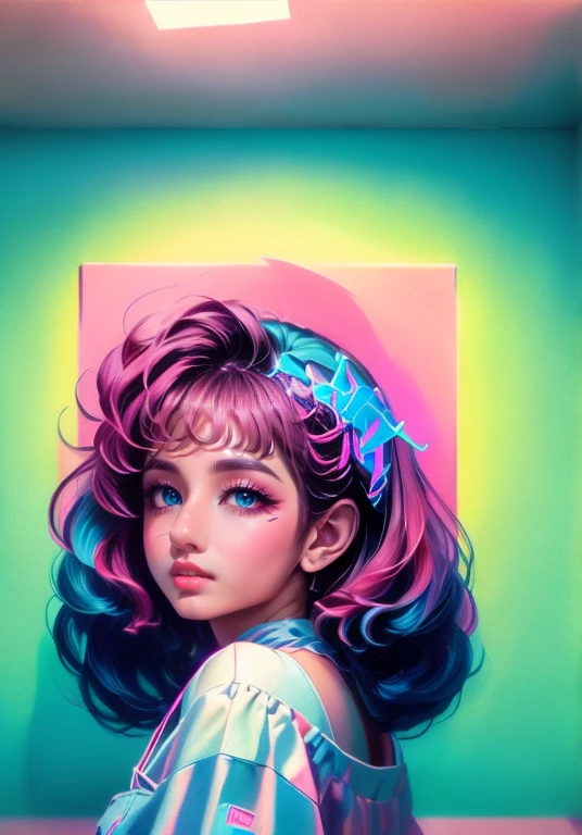 Vaporwave Aesthetic art, retro futurism art, Art Deco, Psychedelic rock, indoors, panoramic, Ultra high saturation, (best quality, masterpiece, Representative work, official art, Professional, 8k)