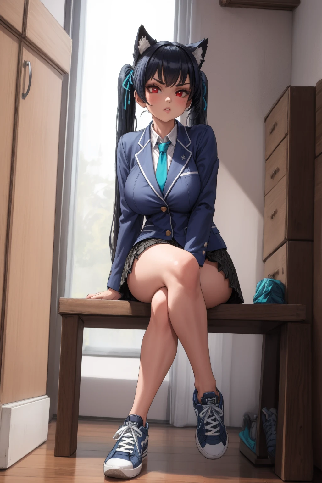 girl, solo, full body, from head to toe, sitting with crossed legs, (Huge_Breasts:1.3), beautiful body, perfect body, nice body,

baserika, twintails, long hair, hair ribbon, red eyes, collared shirt, blue necktie, blazer, plaid skirt, bike shorts, shorts under skirt, sneakers