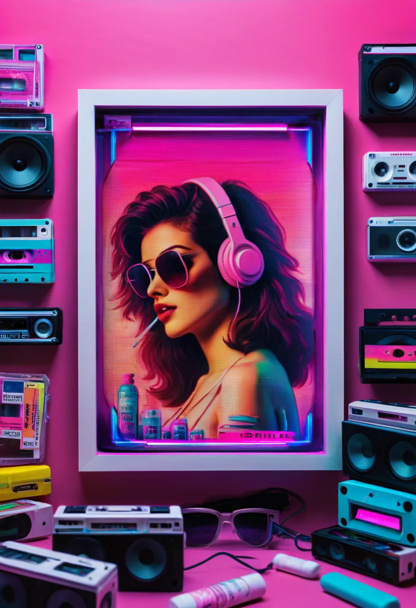 Framed, capsuled, pils, drugs, medicine,80's, cassettes, speakers, Vaporwave Aesthetic style, synthwave, sexy woman,
