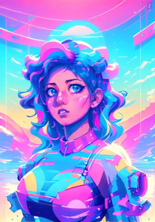 arte estética vaporwave, arte retro futurismo, Art Deco, panorâmico, Saturação ultra alta, (melhor qualidade, obra de arte, Trabalho representativo, Arte oficial, profissional, 8K), 1 rosto de menina