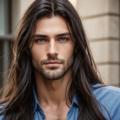 o	a close up of a man with long hair and blue eyes, handsome stunning realistic, handsome male, attractive male, wonderful dark ...