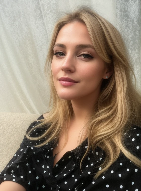 blonde with long hair and a black polka dot shirt sitting on the sofa, profile picture, filmed in early 2020s, headshot profile pictureture, profile pictureture, Aurora Axnes, inspired by Claire Dalby, Portrait of Sabrina Lloyd, Drew Barrymore, profile picture, removed for 2 0 2 0, looking away from the camera