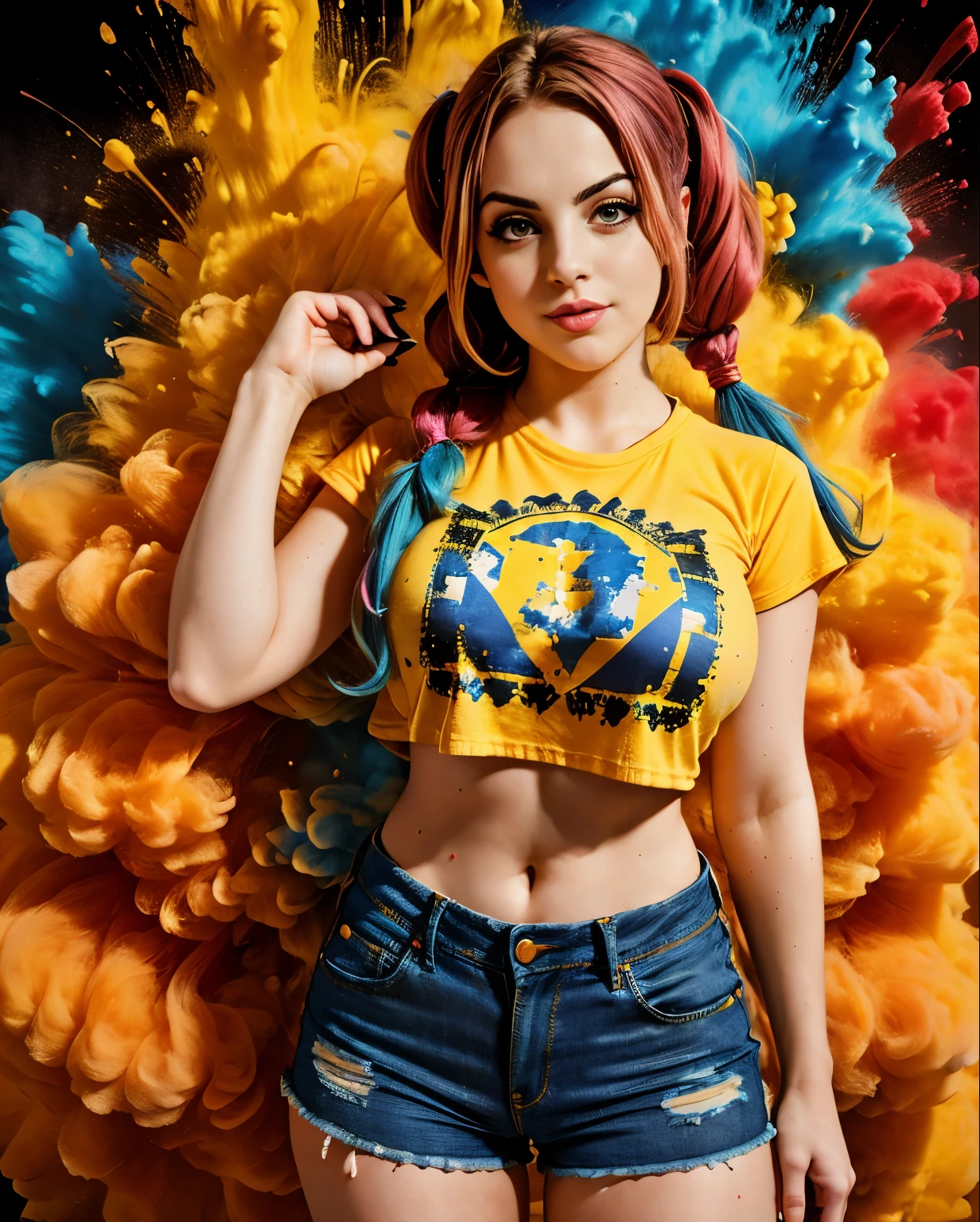 ((Elizabeth Gillies, T-Shirt molhada, bigfaketits, zerrissene Jeansshorts)),Masterteil,beste Qualität,kompliziert,ästhetisch,Detailliertes Gesicht,Untergrundstreuung,Blick auf den Betrachter,
1 Mädchen,Foto eines wunderschönen Ganzkörpers, leichtes Lächeln, charmant, 20 Jahre,Haarschnitt mit Zwillingsschwänzen,bunt, splatter de tinta, Weberei, Hier,
BigFaketits, T-Shirt, zerrissene Jeansshorts, T-Shirt 