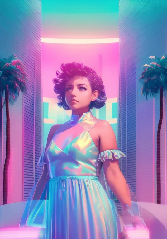 best quality,ultra-detailed,vivid colors,sharp focus,portraits,masterpiece:1.2,(retro-futurism:1.1),art deco,white moonlight girl,vaporwave aesthetic art,elaborate dress,serene expression,detailed hair,neon lights,glowing cityscape,soft pastel colors,artificial plants,shimmering water reflection,classic architecture,chrome accents,palm trees outline,80s inspired,nighttime scenery,rainy atmosphere,dreamlike,romantic mood间接提到需要画出一幅以女孩为主体的夜景画，风格上用到复古未来主义、艺术装饰风和蒸汽波审美。
