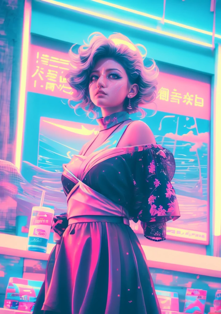 melhor qualidade,Ultra-detalhado,cores vivas,foco nitído,retratos,obra de arte:1.2,(retro-futurismo:1.1),art deco,Garota do luar branco,arte estética vaporwave,vestido elaborado,expressão serena,cabelo detalhado,luzes de neon,paisagem urbana brilhante,cores pastéis suaves,plantas artificiais,reflexão de água cintilante,arquitetura clássica,detalhes cromados,contorno de palmeiras,Anos 80 inspirado,cenário noturno,atmosfera chuvosa,sonhe como,o clima romântico mencionou indiretamente a necessidade de pintar uma cena noturna com uma garota como tema principal，Estilo retro-futurista、Estética Art Déco e vaporwave。