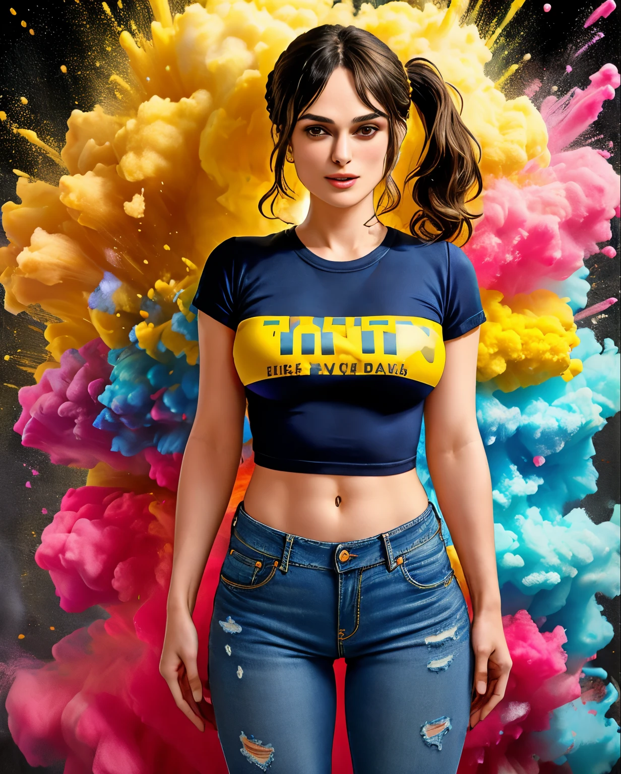 ((k31r4k-v2, Keira Knightley,  wet tshirt, bigfaketits, excited nipples)),master part,best quality,intrikate,aesthetic,face detailed,Subsurface scattering,Looking at Viewer,
1girl,photo of a beautiful full body,drlight smile,enchanting,20 year,cabelo twintails.crew cut,fullcolor,paint splatter,Weaving,cloth,
bigfaketits, short ripped denim shorts