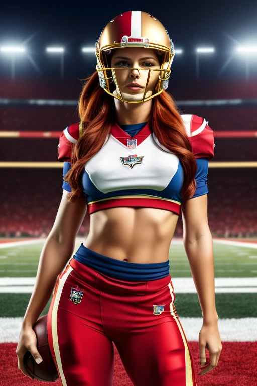 逼真的影像 ((傑作)), ((高品質)) 超高清8K, of a f国家橄榄球联盟 woman, (中等胸部), (細腰), 穿著 (性感足球製服, 国家橄榄球联盟. 红色和金色), (国家橄榄球联盟 helmet), 明亮的藍眼睛, 长长的红头发, 在足球場上踢球