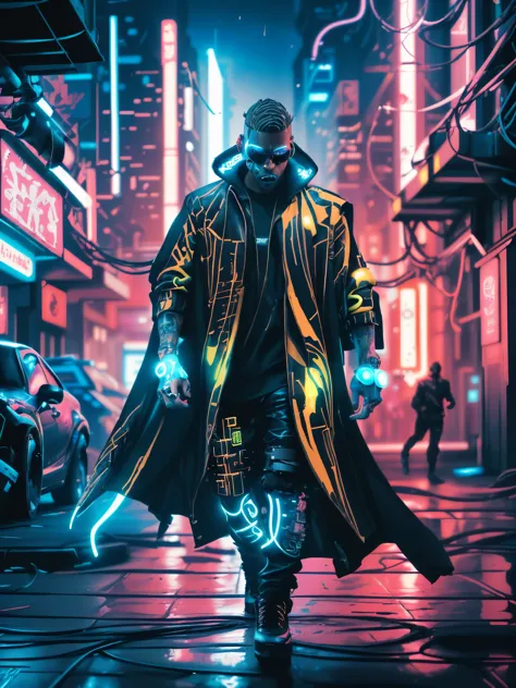 a close up of a person walking on a street with neon lights, cyberpunk streetwear, cyberpunk art style, cyberpunk hero, cyberpun...