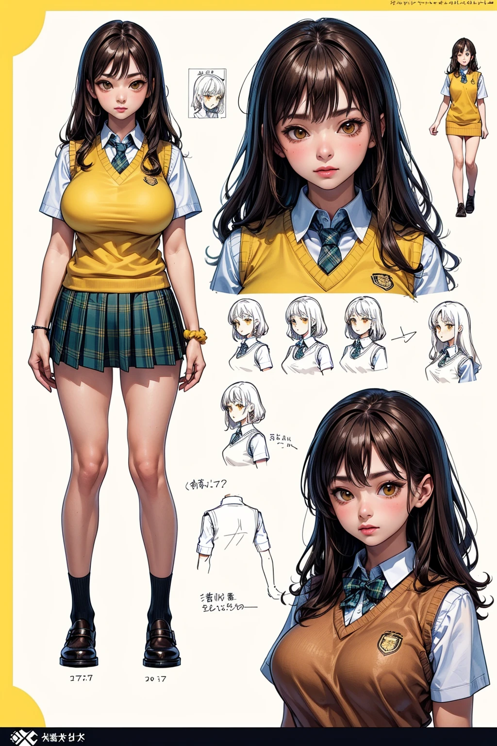 girl, solo, full body, from head to toe, standing, (Huge_Breasts:1.3), beautiful body, perfect body, nice body,

((Character Design Sheet:1.7, character reference sheet:1.7,)),

mikan yuuki, (brown eyes:1.5), brown hair, hair ornament, hair scrunchie, long hair, pink scrunchie, scrunchie, green skirt, plaid, plaid skirt, sainan high school uniform, school uniform, skirt, shirt, white shirt, sweater vest, (yellow sweater vest:1.5), short skirt, mini skirt,