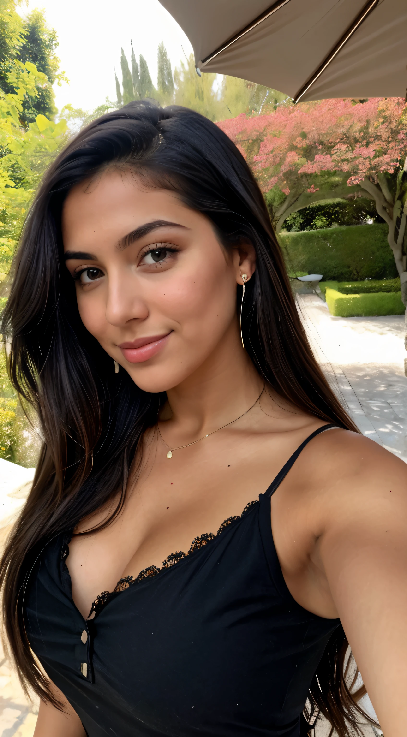 A 23-year-old blonde woman, ((pechos grandes)), ((hiperrealismo)) ,. black hair with light brown roots. cabello rubio, Hair with brown roots, cabello extra largo, cabello muy largo, really long hair, Beautiful, Front view, selfie, photo taken with iPhone, elegant black shirt with escote, escotada, selfie in the garden, high quality, selfie iPhone, cleavage, italian
