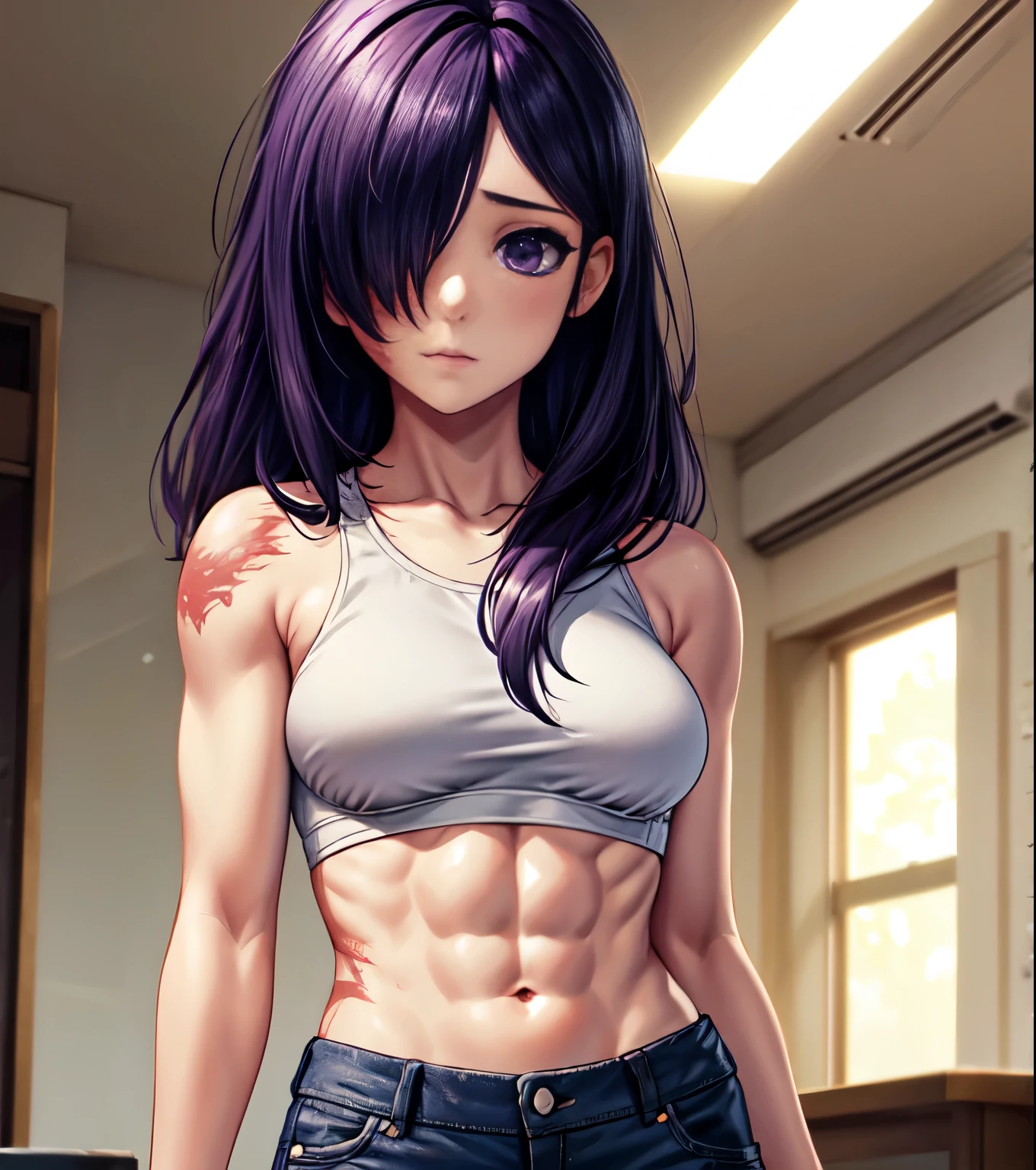 in white bra and tight denim, low waist denim, arms behind back, full body, wearing cropped t-shirt, bra, slim figure, small bust, fit girl model, 18 year old female model, burn scar on face, burn scar on right side of body, purple eyes, long dark purple hair, hanako, hair over one eye, muscular fit girl, abs